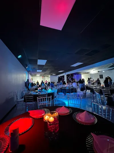 Dramatic ballroom with colored ceiling lights at MP Venue