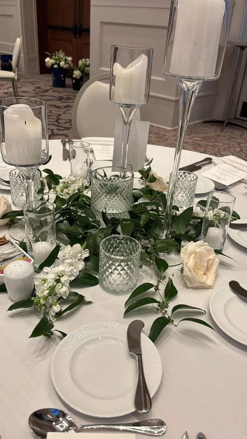 Wedding reception with white greenery and crystal candles at MP Venue DFW